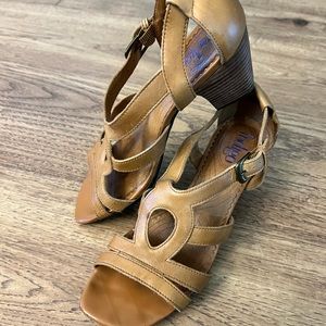 Indigo Brown Leather Sandals w/ Stacked Heel Size 8